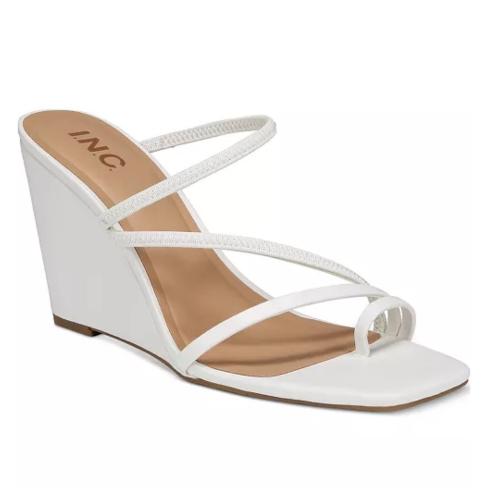 INC Eiana White Strappy Wedge Sandals Size 10 New‎ Square Toe Summer Heels